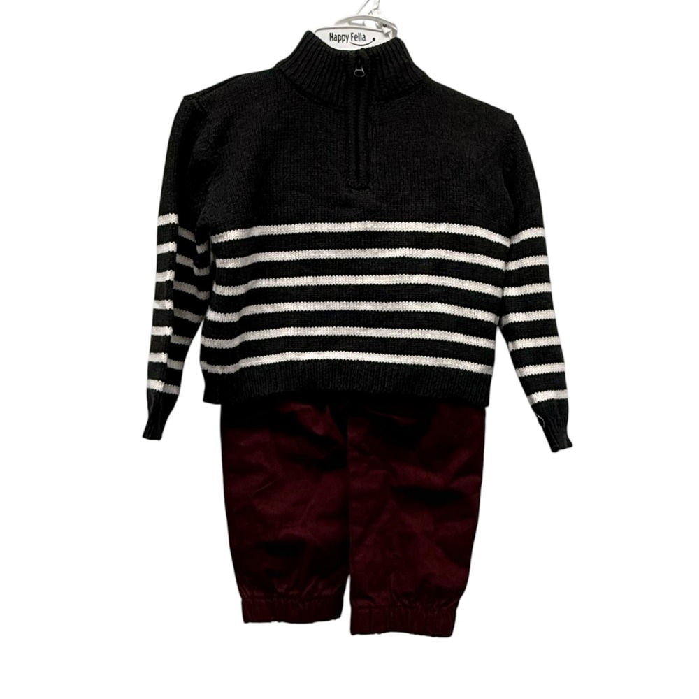 Happy Fella Kids 12M Quarter Zip Striped Sweater Burgundy Pants Set Cozy Fall